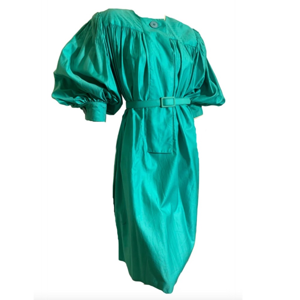 True Vintage Italian Designer Teal Cotton Belted Tent Dress Full Sleeves